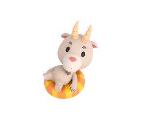 Little Goat character sitting on the inflatable ring in 3d rendering.