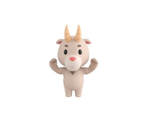 Little Goat character raising two fists in 3d rendering.