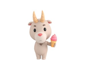 Fototapeta premium Little Goat character holding strawberry ice cream cone in 3d rendering.