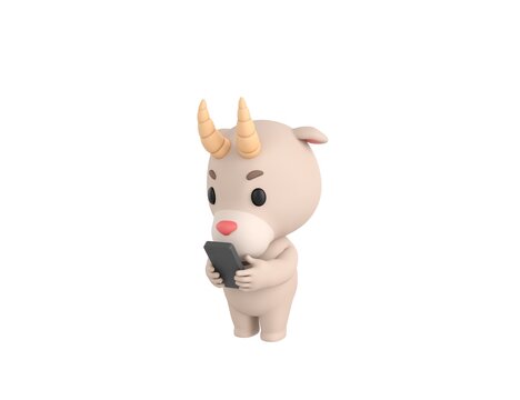 Little Goat character types text message on cell phone in 3d rendering.