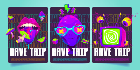 Rave trip psychedelic posters, hippie party invitation flyers with martian head, mouth with tongue, tv with vortex and flying eyeballs. Cartoon acid art backgrounds, vector banner templates set