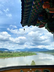Sky view with Korean temple and river