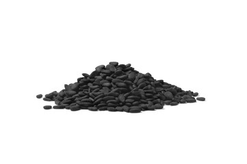 A heap of black sesame seeds on a white background.