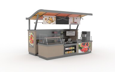 3d illustration kiosk stand booth market shop cart for sell product food drink wood decoration stainless steel construction with blank space logo company. High-resolution image white background