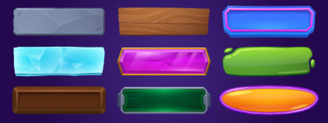 Set of web buttons isolated on background. Cartoon vector illustration of rectangular and oval ui empty bars with colorful ice, stone, wood, germ, glossy, chocolate texture. Game interface elements