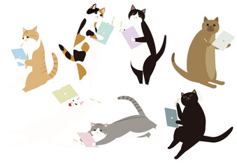 絵を描く七匹の猫　背景透明png
