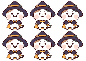 魔法マントと帽子をかぶった三毛猫/表情セット