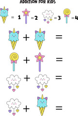 Addition for kids with different cute pictures.