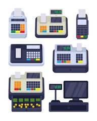Different cash machines for checkout vector illustrations set. Drawings of POS terminal, fiscal cash register with money, cashier till machine with screen, receipt printers. Equipment, payment concept - obrazy, fototapety, plakaty