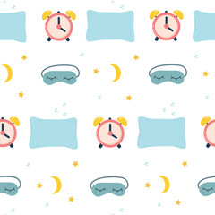 Pattern of pillow, sleep mask, alarm clock, moon