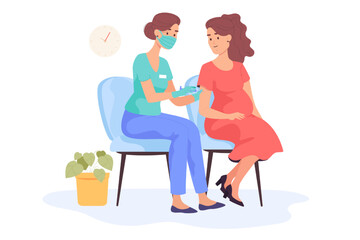 Pregnant woman getting corona vaccine booster. Nurse in mask giving shot or jab to pregnant girl flat vector illustration. Pregnancy, coronavirus, vaccination concept for banner or landing web page - obrazy, fototapety, plakaty