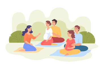Happy couples attending childbirth course or class. Pregnant women with husbands sitting on floor flat vector illustration. Pregnancy, family, childbirth concept for banner or landing web page