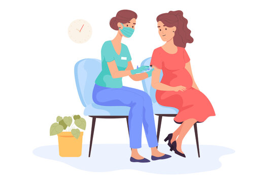Pregnant woman getting corona vaccine booster. Nurse in mask giving shot or jab to pregnant girl flat vector illustration. Pregnancy, coronavirus, vaccination concept for banner or landing web page
