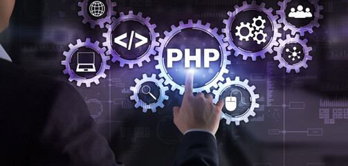PHP coding Concept. Programmer search. Technology Background