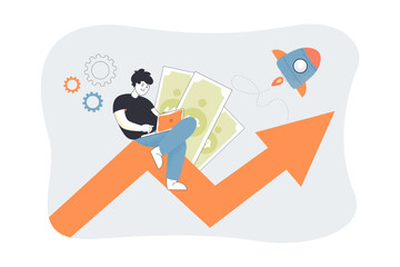 Success of tiny businessmans startup. Person sitting with laptop and money on growing up graph arrow flat vector illustration. Business boost concept for banner, website design or landing web page