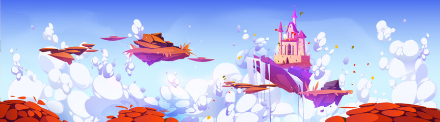Magic castle with waterfall floating on island in sky. Cartoon illustration, autumn fantasy landscape with beautiful palace and pieces of land flying in fluffy white clouds. Adventure game background