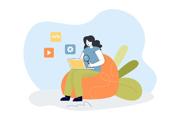 Search for mobile applications by woman. Person holding magnifying glass and laptop, sitting in chair flat vector illustration. Network, app concept for banner, website design or landing web page