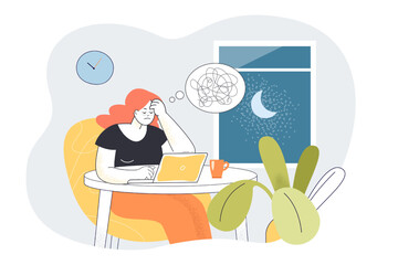Sleepy tired worker sitting at laptop at night. Busy woman with tangled thoughts working hard overtime flat vector illustration. Stress, deadline concept for banner, website design or landing web page
