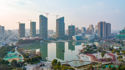 Fototapeta premium Aerial photography Liyang Museum, Liyang Culture and Art Center, Liyang Yanhu Park, Liyang City, Changzhou City, Jiangsu Province, China