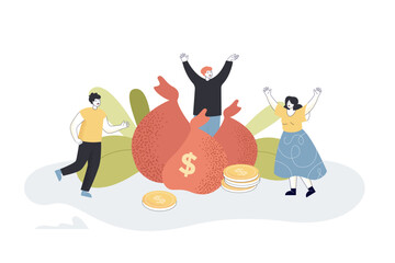 Happy rich investors with bags of money and gold coins. Financial success of female and male tiny characters flat vector illustration. Finance concept for banner, website design or landing web page