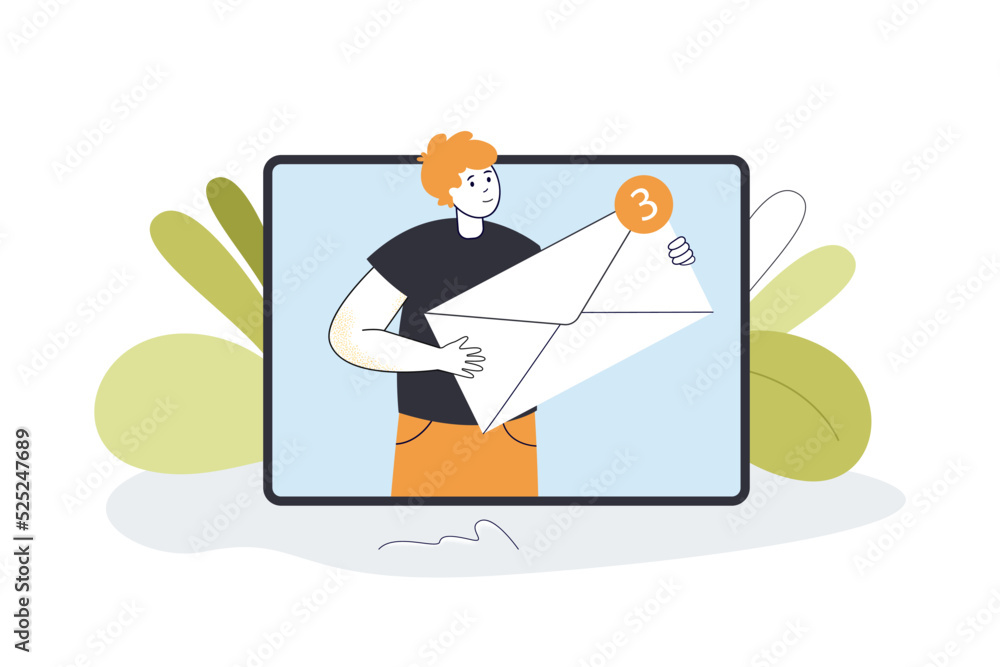 Poster man on phone screen holding envelope with notification symbol. tiny person noticing about message fl