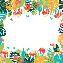 Fototapeta na wymiar Safari frame. Jungle floral frame. Tropical leaves, palm leaves, frame nature background. Bright rainforest card with jungle tropical flowers, monstera leaves. Vector illustration. Toucan bird.