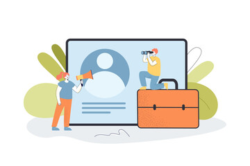 HR employees looking for new candidates. Man and woman with CV form, binoculars and megaphone flat vector illustration. Recruitment, announcement concept for banner, website design or landing web page