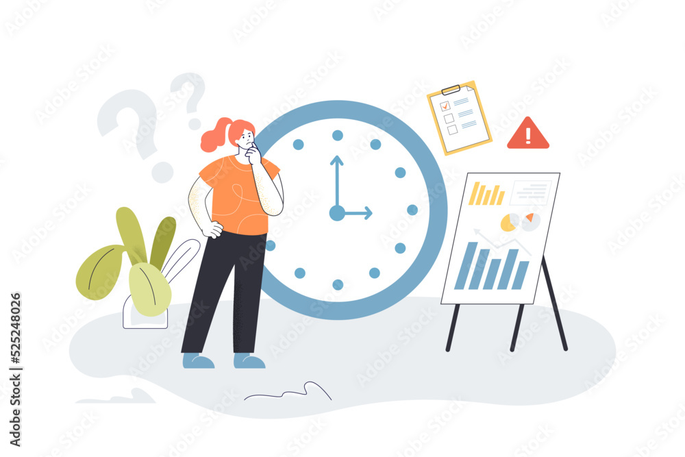 Poster employee working with business charts and clock. tiny woman solving hard problem in deadline flat ve