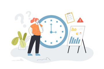 Fototapeta na wymiar Employee working with business charts and clock. Tiny woman solving hard problem in deadline flat vector illustration. Time management, workflow concept for banner, website design or landing web page
