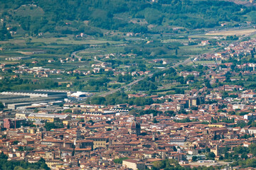 Panoramic aerial view of the historic center of Pistoia, Italy, and its surroundings, on a sunny day