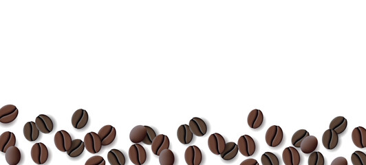 Background with isolated realistic coffee beans, top table view, bottom of the composition. Vector illustration