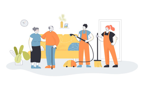 Janitors cleaning house of elderly couple. Man and woman in uniform holding vacuum cleaner and mop flat vector illustration. Cleaning service concept for banner, website design or landing web page