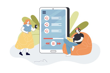 Music mobile app in phone for tiny people. Man in headphones and woman listening to song in MP3 player flat vector illustration. Entertainment concept for banner, website design or landing web page