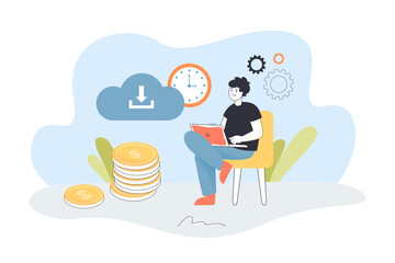 User working with cloud data storage online. Tiny person sitting with laptop and money coins flat vector illustration. Technology, freelance concept for banner, website design or landing web page