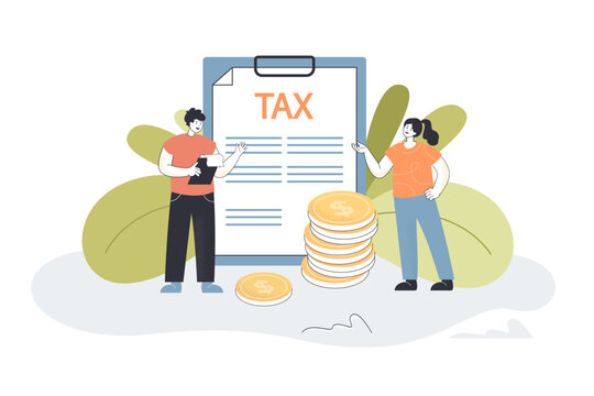 Tiny people paying tax. Man and woman standing with financial paper document and money coins flat vector illustration. Finance, taxation concept for banner, website design or landing web page