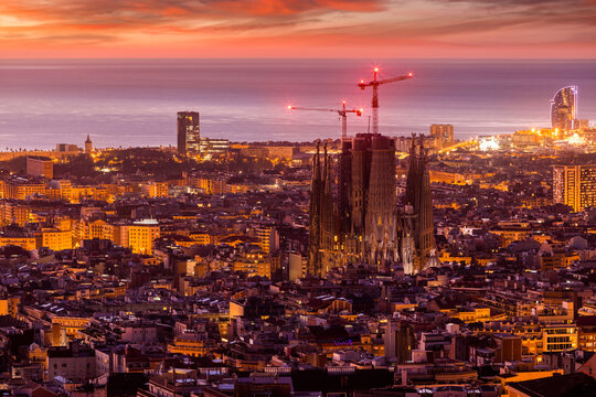 Sunrise view of Barcelona, Spain. Panoramic view of Barcelona