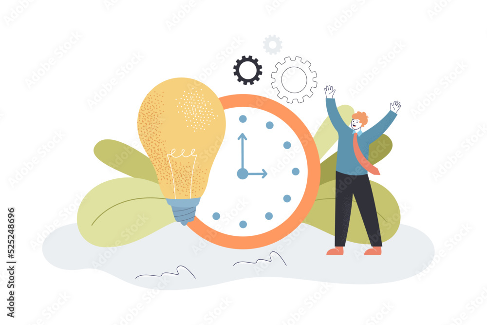Poster happy businessman standing near clock and light bulb. effective time management and success idea of 