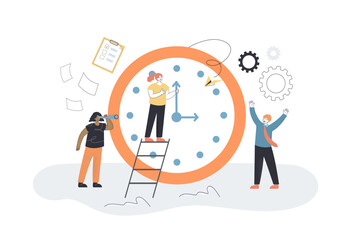 Team of people working near big clock. Effective work of male and female employees flat vector illustration. Time management, motivation concept for banner, website design or landing web page