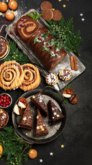 Traditional Christmas dessert on dark background.