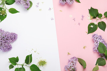 White and pink background with lilac flowers. © bit24