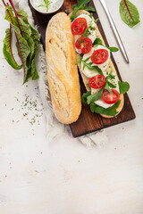 Baguette with tomato and mozzarella.