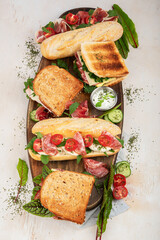 Various of club sandwiches and baguette.