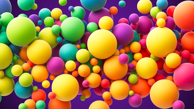 Abstract composition with colorful random flying spheres. Colorful rainbow matte soft balls in different sizes. Vector background