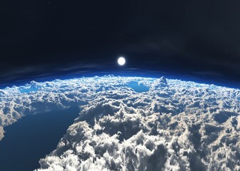 Clouds under the moon, moon-cloudy landscape, flying above the clouds at night, 3d rendering