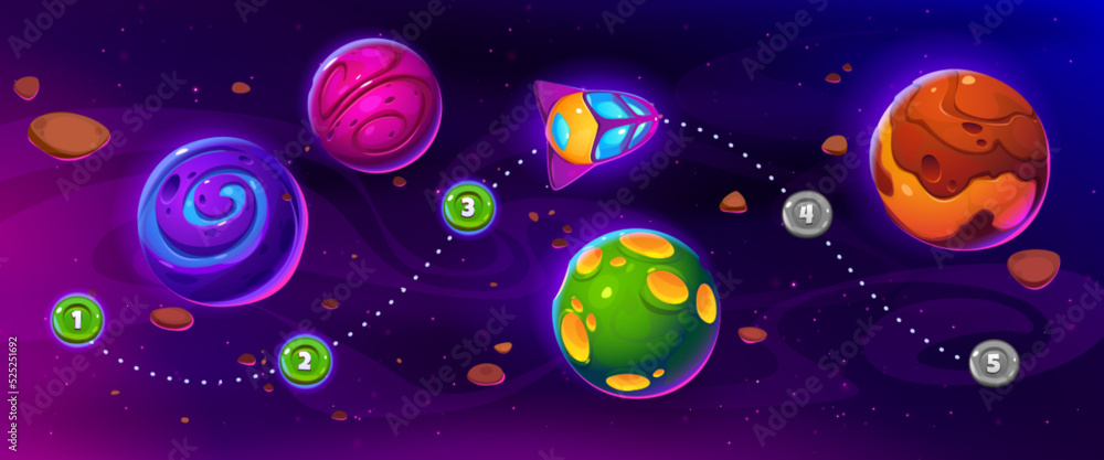 Poster space game ui level map with shuttle flying at alien planets. arcade with spaceship, rocket interste