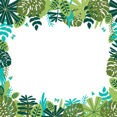 Fototapeta na wymiar Safari frame. Green jungle floral frame. Tropical leaves, palm leaves, frame nature background. Green rainforest border tropical card template monstera leaf Vector illustration. Summer jungle design.