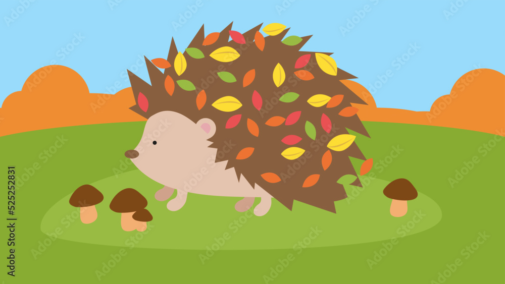 Poster hedgehog and mushrooms on the background of autumn nature