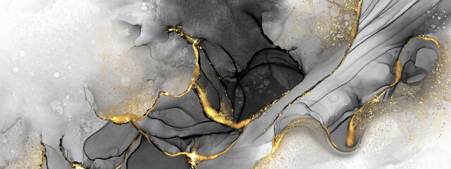 Abstract fluid art with black alcohol ink technique and gold foil