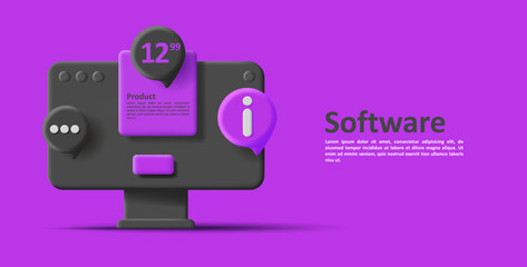 3d computer icon with bubbles and price tag, black on violet. Vector illustration