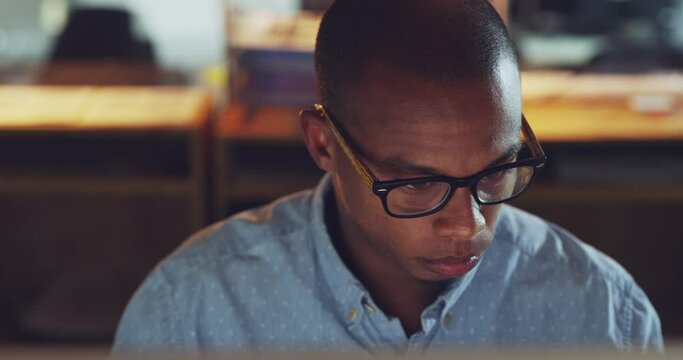 Tech, software and computer specialist working at home on web design, cloud computing or fintech. Information technology worker or employee fixes data glitch at night on internet company ux interface